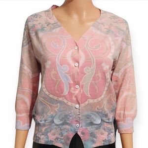 ONE WORLD Pastel Floral Button-Up Blouse. Size M